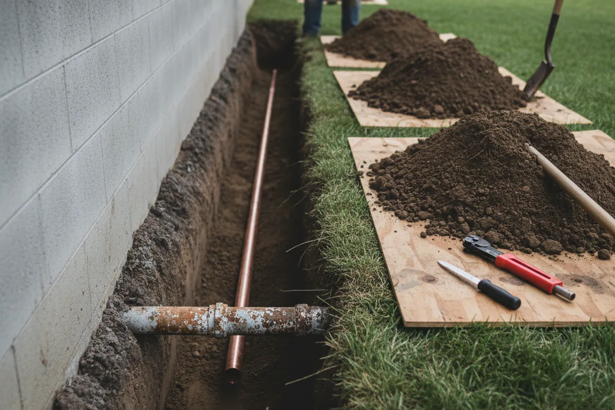 Excavated water line trench during Water Softener Installation in Plainsboro